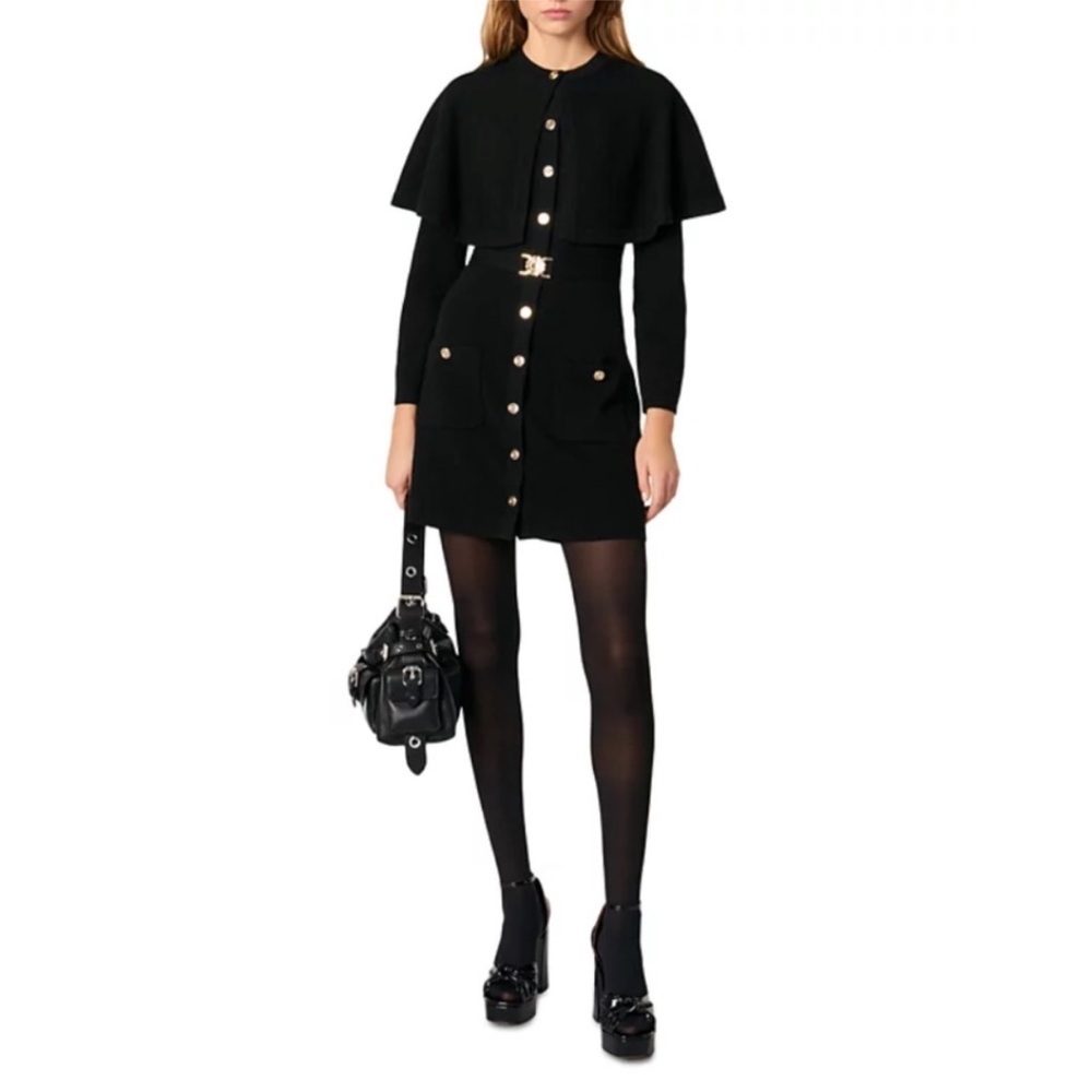 Maje Black Button-Front Cape Sleeve Knit Dress